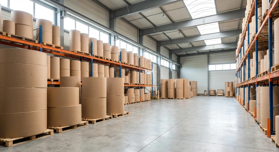 Photographie d'un entrepôt ou d'une zone de stockage professionnel moderne montrant des bobines et rouleaux de papier carton brut empilés ou stockés en hauteur sur des racks industriels. L'image doit transmettre un sentiment de sérieux, de qualité et de gestion efficace des matières premières. L'éclairage doit être naturel ou professionnel. Aucun texte, logo ou personne visible. Le cadrage doit valoriser le volume et l'organisation du stock.