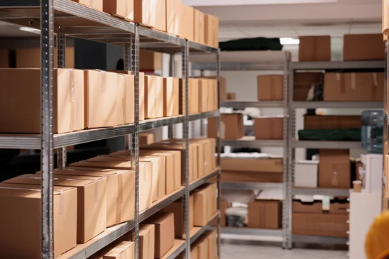 Emballages de marchandises posés sur des racks d'entrepôt, en attente de transport dans un entrepôt vide